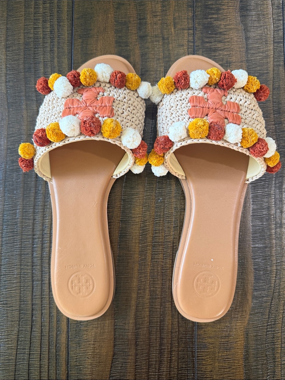 Tory Burch Boho Pom-Pom Slide Sandals in Tan and Cream